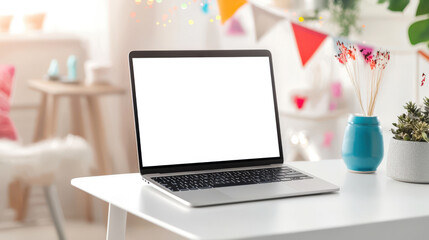 Fototapeta premium Cool laptop mockup in a stylish party room. An open laptop with an empty white screen stands on a white table in a room with a potted plant. The room has a cozy and welcoming atmosphere