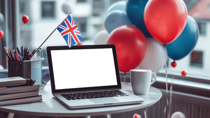 The concept of celebrating the Independence Day of Great Britain. A mockup of a stylish laptop with a British flag and balloons. There is an open laptop on the table, a cup of coffee and books