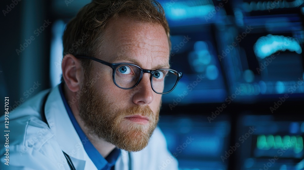 Poster intense doctor analyzing medical data in high-tech environment with monitoring screens in background