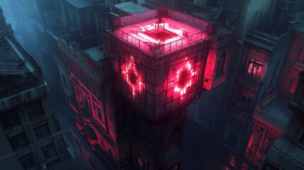Futuristic cityscape with luminous cube structure reflecting on dark waters offering a cybernetic urban fantasy setting