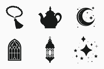 Islamic festival and traditional silhouette elements set in black and white isolated flat vector illustration for ramadan and eid