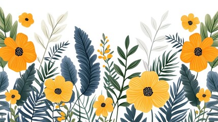 Obraz premium Watercolor floral illustration background with vibrant yellow flowers and delicate botanical elements perfect for spring designs
