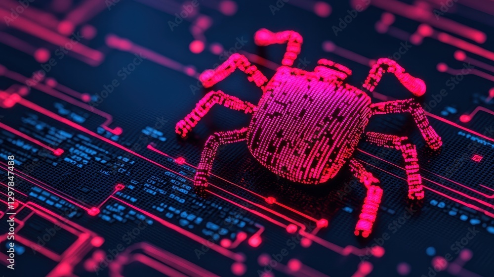 Poster digital representation of a cybersecurity bug on a circuit board with neon patterns and high-tech ba