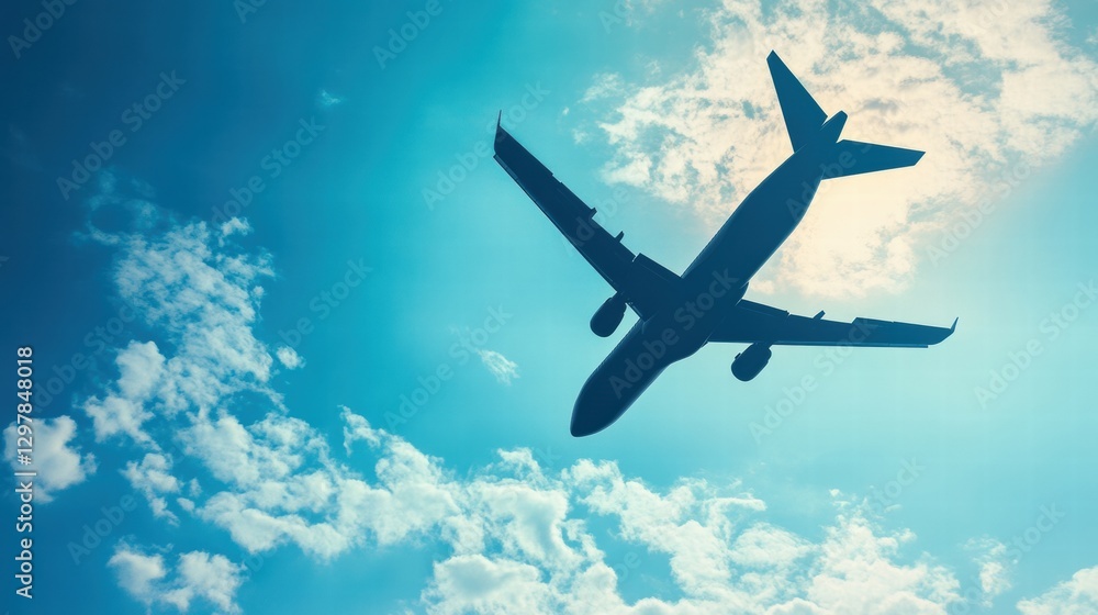 Poster airplane flying through a clear blue sky with scattered clouds during the day providing a sense of t