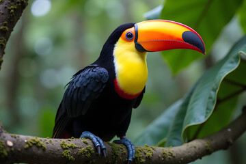 Naklejka premium A close-up of a toucan perched on a mossy branch, showcasing its vibrant orange and yellow massive beak against a blurred green background
