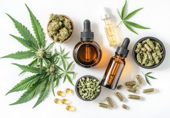 Cannabis products oil, capsules, buds, leaves.