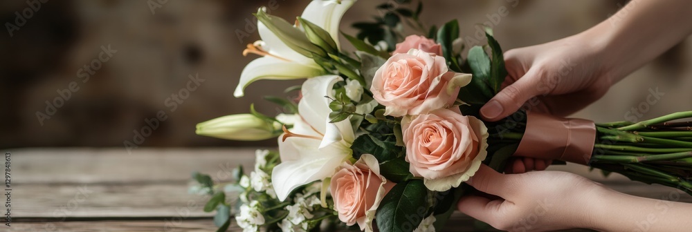 Aufkleber florist arranging a bouquet of roses and lilies on a rustic wooden table in a natural setting. gener