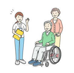 ケアマネージャーから説明を受ける車椅子高齢者男女夫婦イラスト
