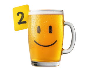 Smiling beer glass, a refreshing golden lager with frothy white head and happy emoticon