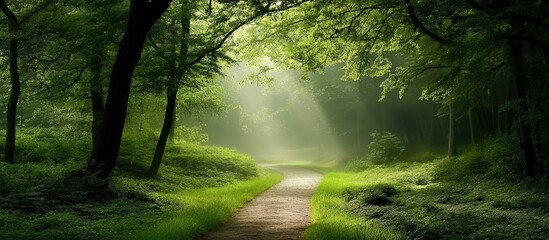 Obraz premium A serene pathway through a lush forest.