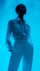 young womanman in blue, tech wear