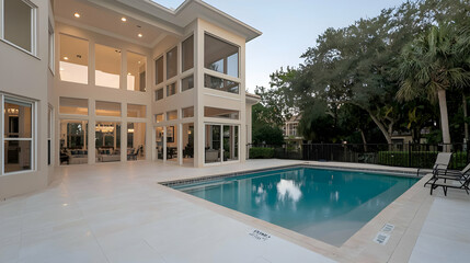 Luxury Villa Exterior Featuring Swimming Pool and Expansive Windows
