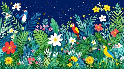 Naklejka premium Tropical floral wildlife landscape vibrant parrots hidden within foliage under starry night sky captivating nature scene illustration