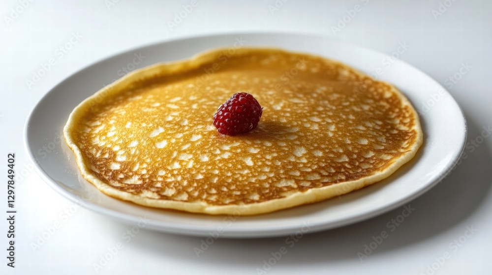 Poster delicious pancake topped with fresh raspberry served on a white plate in a bright kitchen setting. g