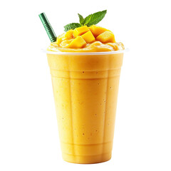 Fresh gourmet mango lassi toped with mango pieces and whip cream, isolated on white background.