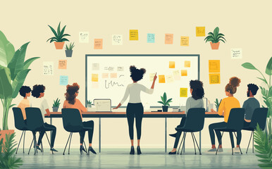 Business Workshop Concept: Vector Cartoon Illustration of Diverse Team Collaboration with Woman Presenting at Board