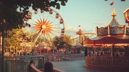 Captivating blurred vintage bokeh background showcasing a lively daytime theme park.