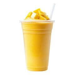 Fresh gourmet mango lassi toped with mango pieces and whip cream, isolated on white background.