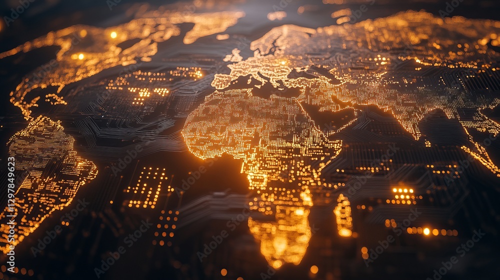 Aufkleber global network digital world map abstract technology background orange lights illuminated circuit bo