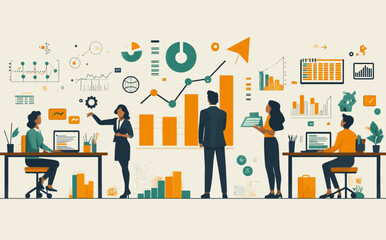 Business Planning Concept: Flat Style Vector Illustration of Executive Presenting Strategy with Growth Graph to Team