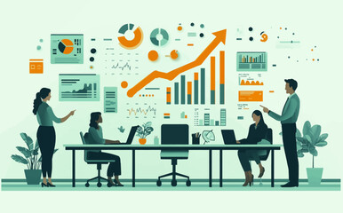 Business Planning Concept: Flat Style Vector Illustration of Executive Presenting Strategy with Growth Graph to Team