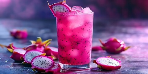 a glass of pink drink with ice and a sliced fruit
