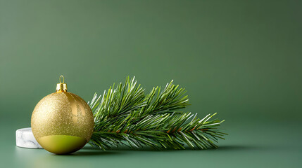 Golden Christmas Ornament And Pine Branch On Green Background