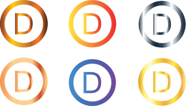 Set of six Gambia currency sign symbol icons logos with golden orange silver and blue colors, Gambian dalasi