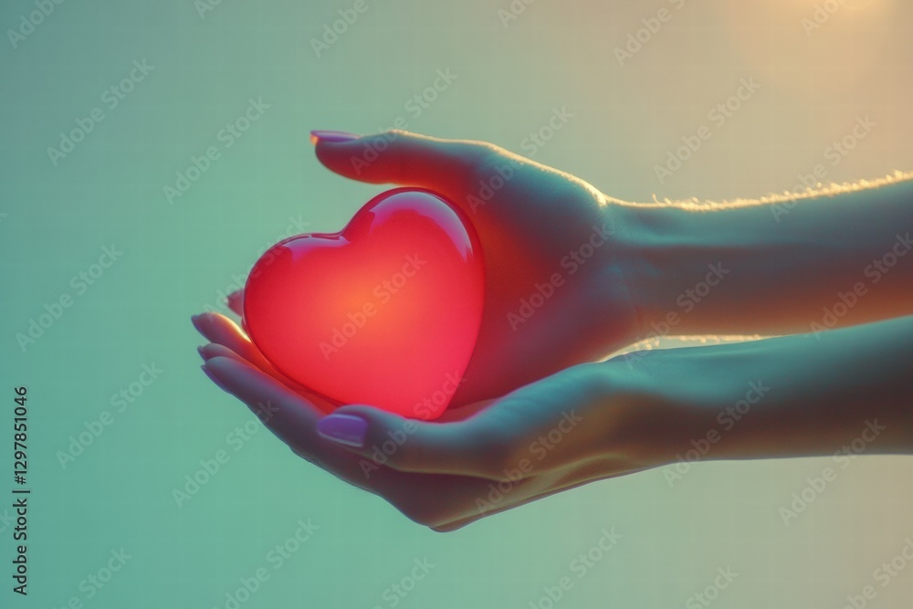 Poster hands holding a glowing heart symbol under soft lighting in a serene setting during a peaceful momen