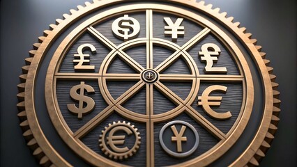 Currency Symbols Engraved in a Decorative Gear Wheel Design for Financial Themes