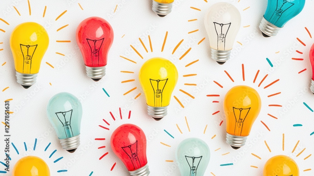 Aufkleber colorful light bulbs with hand-drawn rays creating bright and playful background design for creative