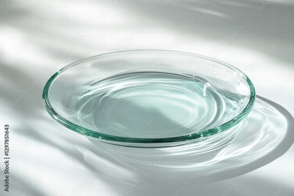 Poster clear glass dish reflecting sunlight on a smooth surface with gentle water ripples. generative ai