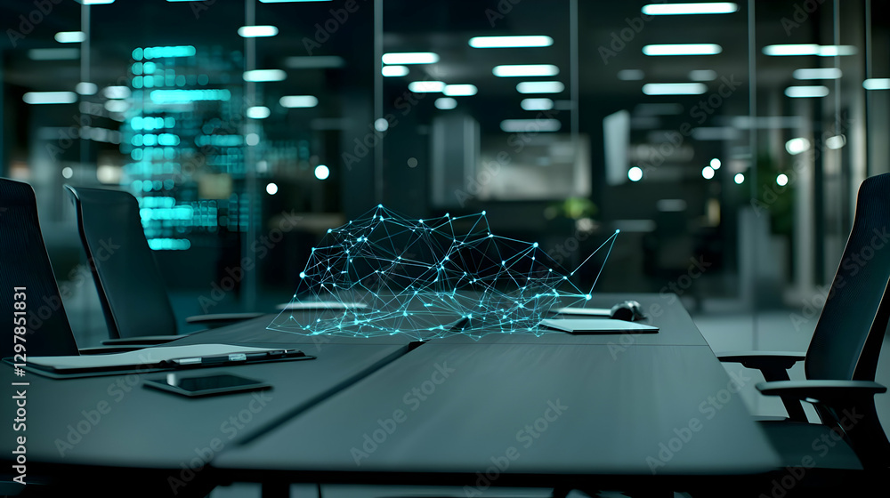 Poster futuristic data visualization overlaying conference table in modern office setting