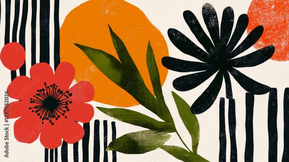 Poster abstract botanical composition with organic shapes and textured elements in a modern art style vecto