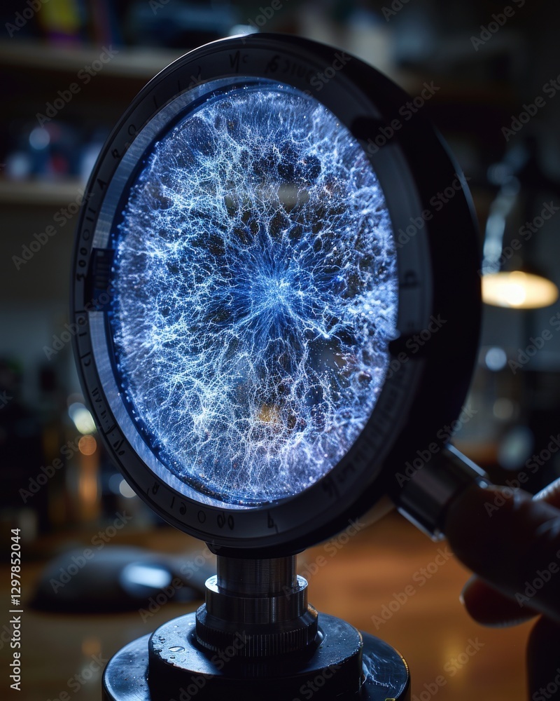 Poster abstract image of a glowing, intricate network within a magnifying glass, symbolizing connection, re
