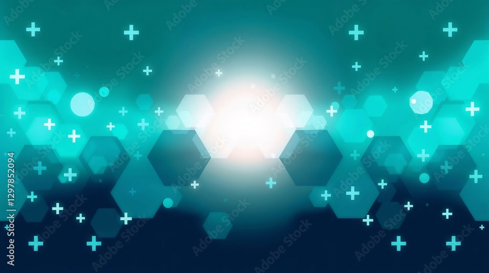 Poster healthcare technology background featuring glowing center light, hexagonal patterns and medical plus