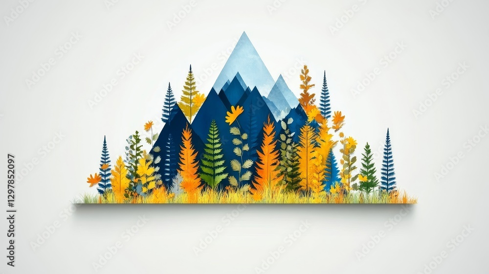 Poster abstract pixelated mountain range background with coniferous forest scene showcasing geometric desig