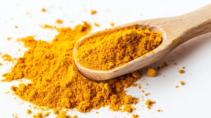 Turmeric powder in wooden spoon isolated on white background, food concept of spices recipe.