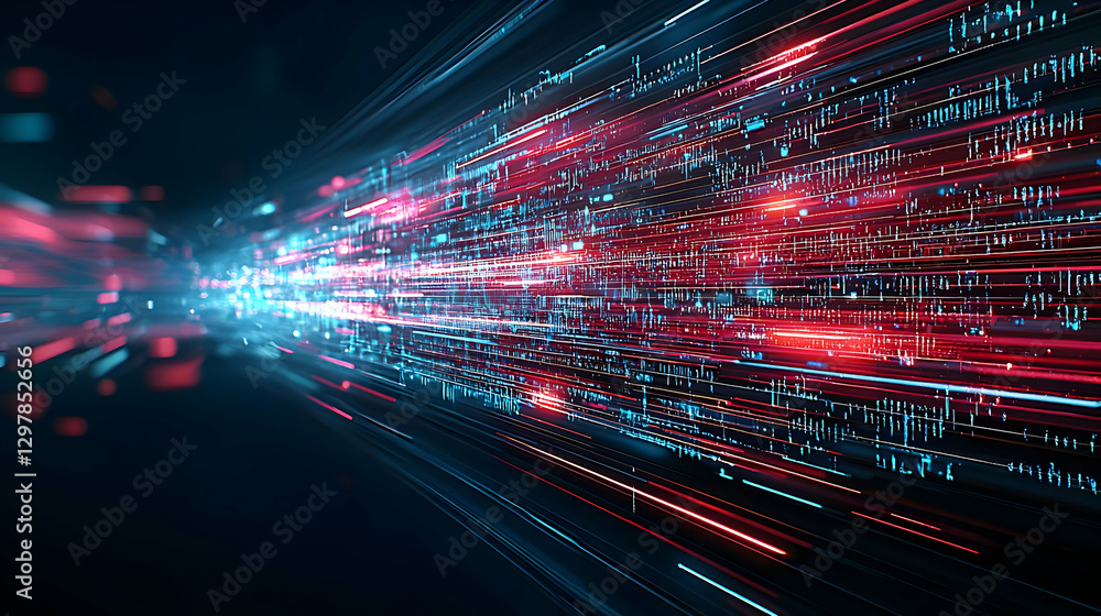 Poster abstract digital data stream with red and blue lights and motion in dark background