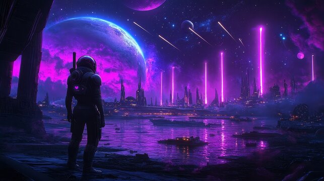 Neon illuminated astronaut exploring an alien planet cityscape with futuristic lights and surreal interstellar atmosphere