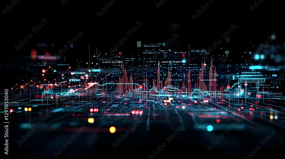 Poster abstract digital cityscape with glowing lights and futuristic network patterns on black background