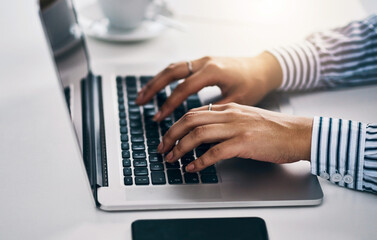 Laptop, search and hands of business woman in office for email, seo review and client feedback....