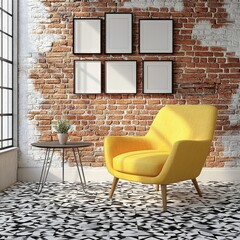 Modern room with yellow armchair, brick wall, and empty frames.  Interior design inspiration