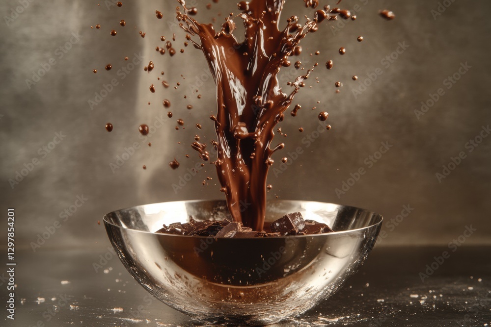 Poster splashes of rich dark chocolate erupting from a metallic bowl during preparation in a kitchen. gener