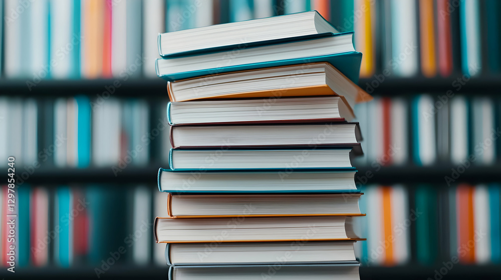 Poster stacked books on a shelf in front of a blurred bookshelves background displaying knowledge and educa
