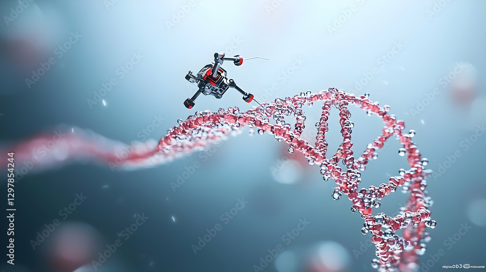 Poster abstract representation of nanobot exploring a genetic double helix strand against a blue background