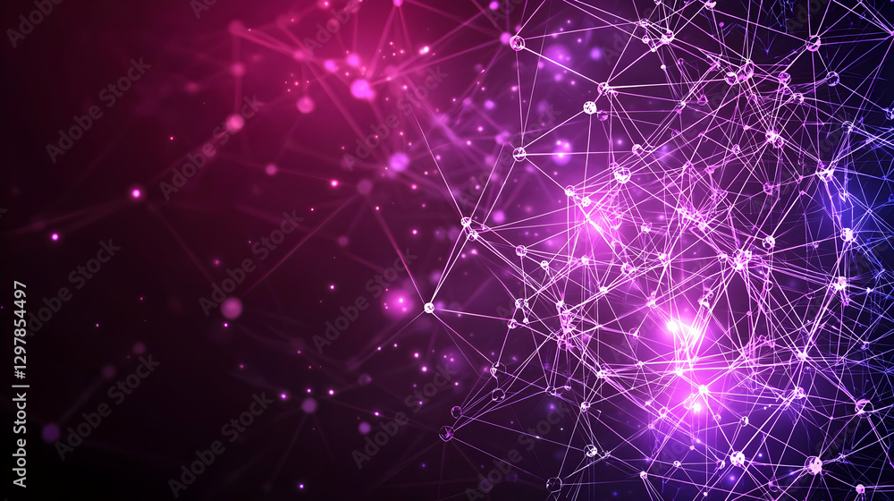 Poster abstract digital network of connected lines and dots in purple and blue tones representing technolog