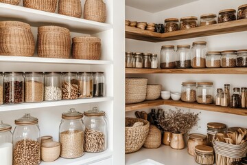 An aesthetic kitchen pantry featuring glass jars and woven baskets.