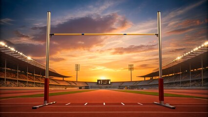 Sunset Over Track and Field Stadium with Hurdles Against Colorful Sky
