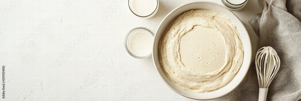 Poster creamy batter preparation in a bowl with milk and whisk on a simple kitchen countertop. generative a